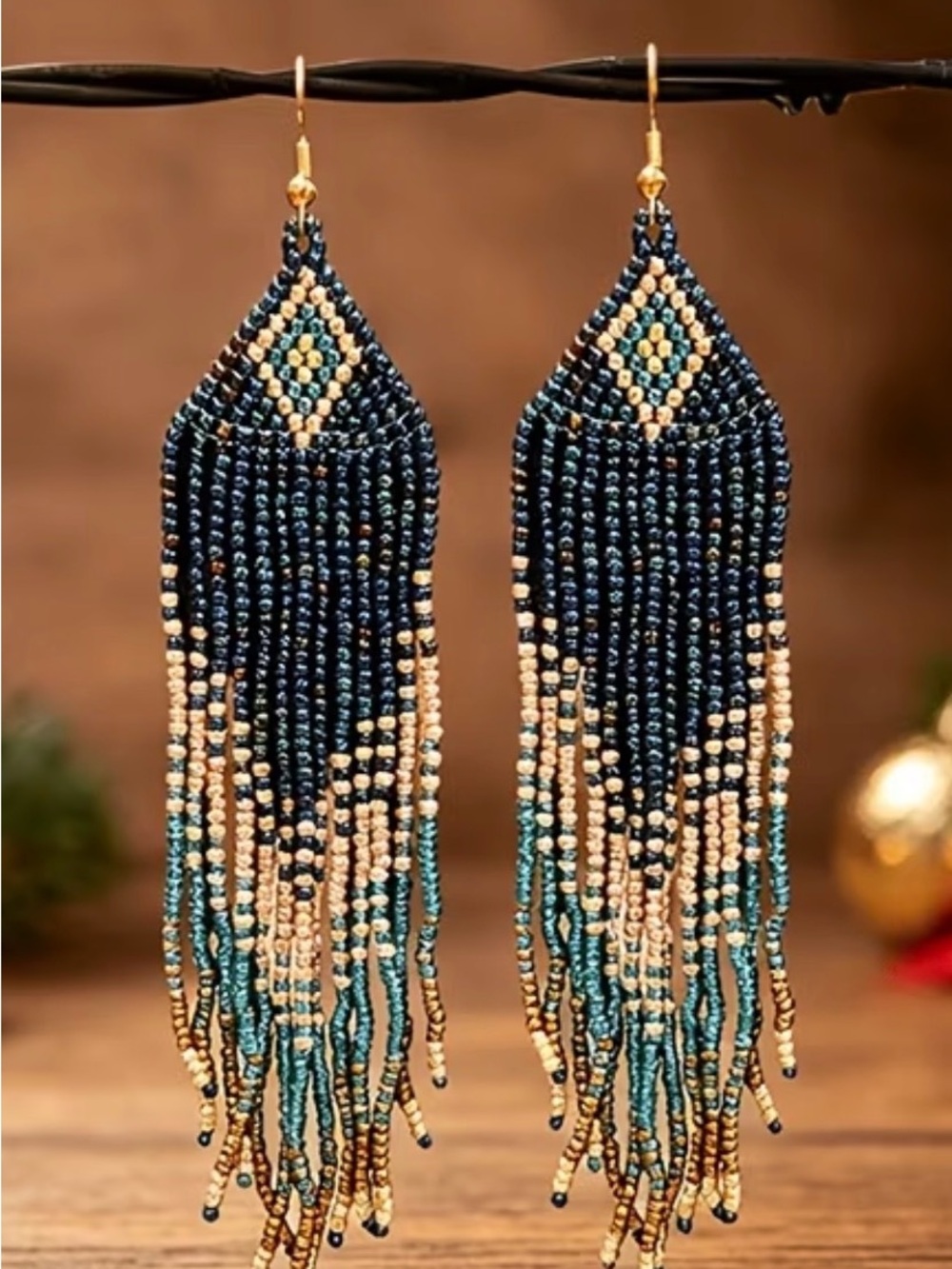 Handcrafted Navy and Teal Beaded Fringe Earrings - Artisan Women Jewelry